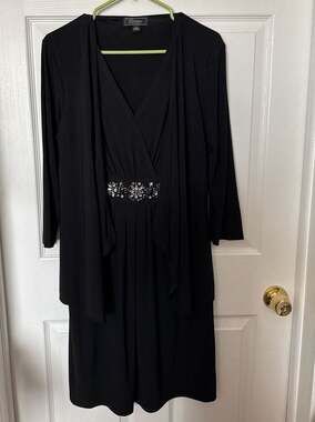 Dressbarn Collection Black Faux Wrap Dress with Built-in Jacket and Rhinestone W